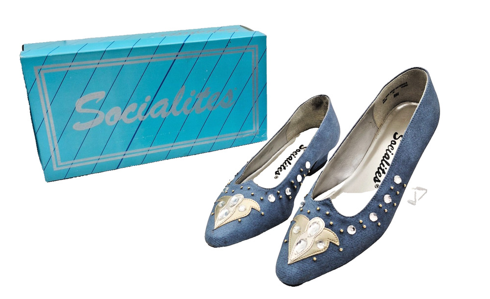 Vintage Socialites Shoes Denim Rhinestone Angie Ballet Pointed Toe Blue Size 8 M